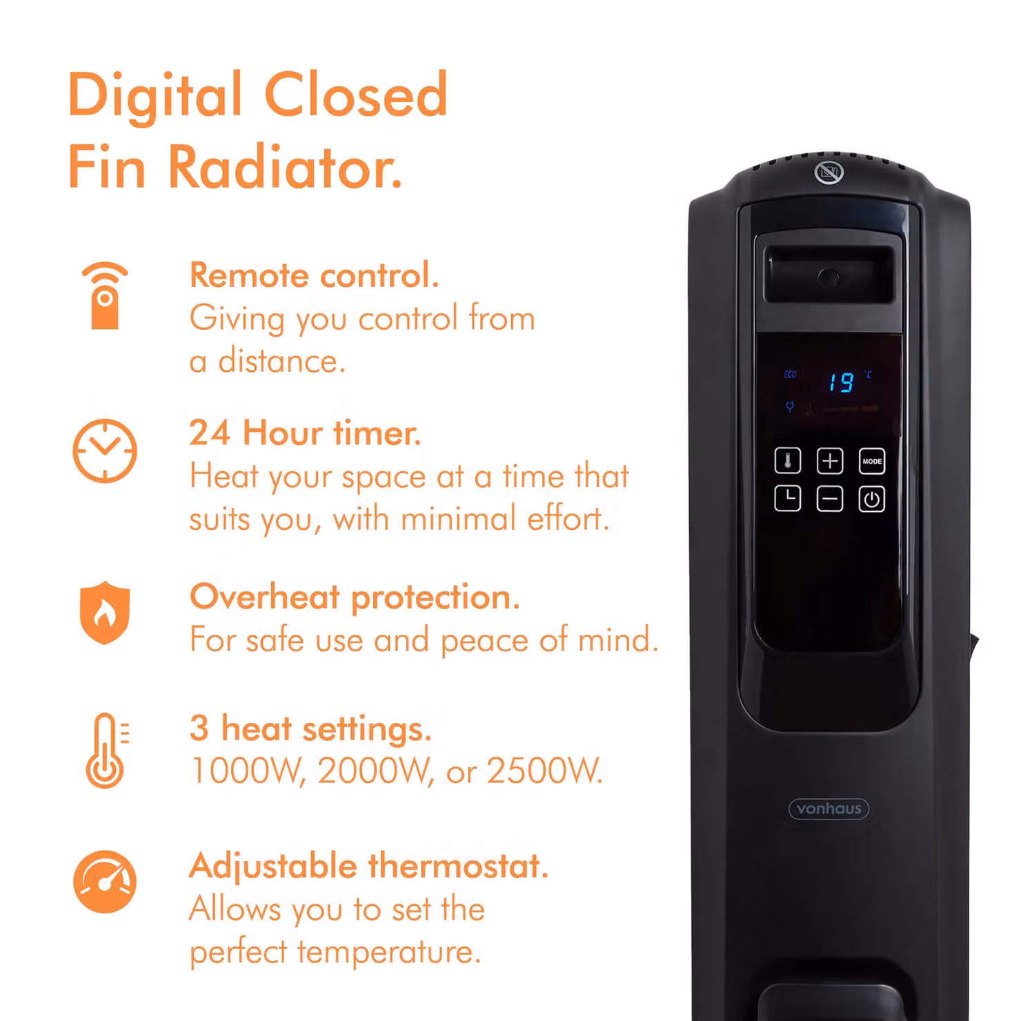 VonHaus Digital Freestanding Oil Filled Radiator in Black with Remote Control and Timer – 5