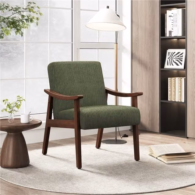 Yaheetech Mid-Century Upholstered Accent Armchair with Armrests in Green Fabric and Wood Legs