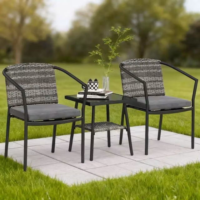 ERGOVEXA 3 Piece Grey Rattan Bistro Set with Cushions and Glass Tabletop