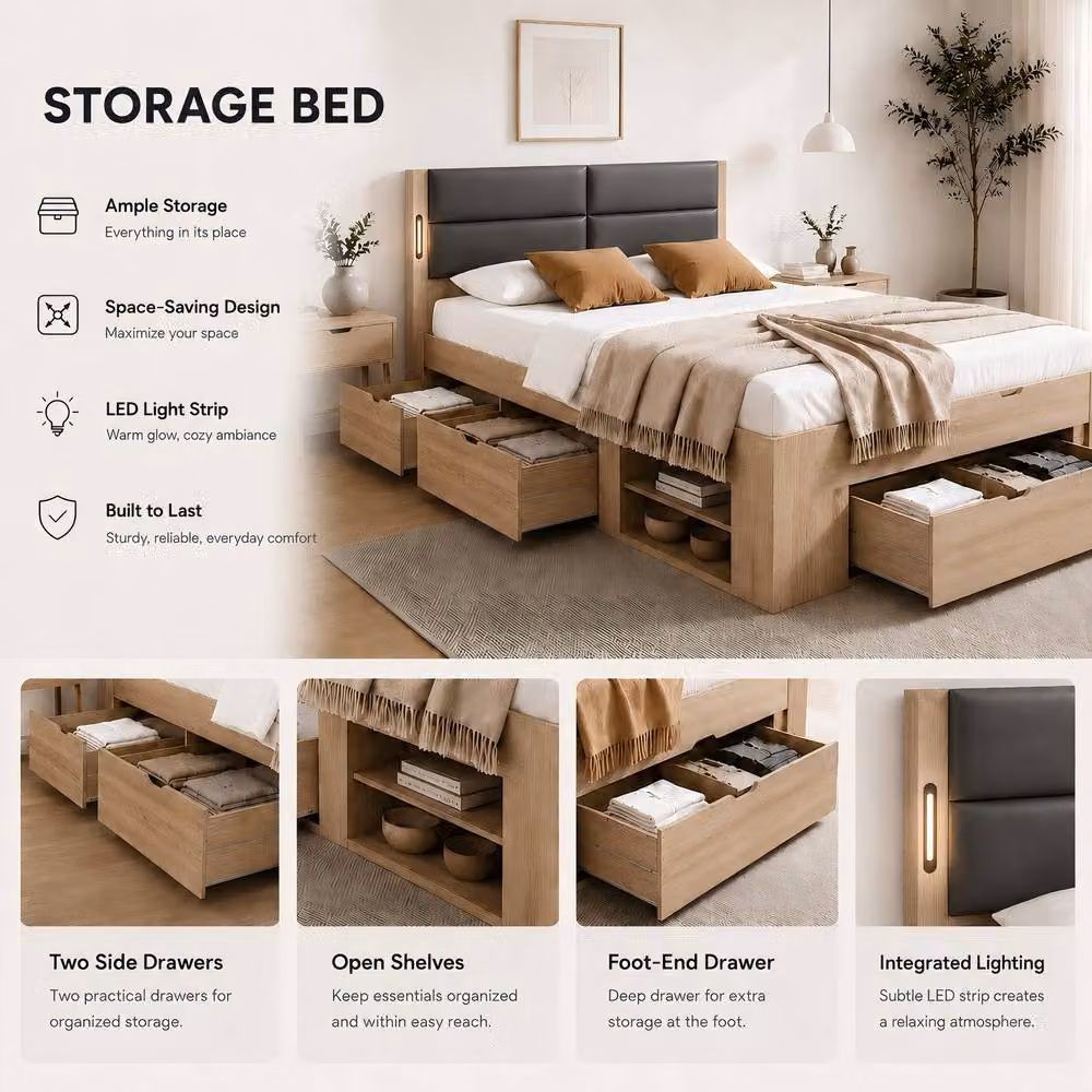 ModernLuxe Wood Frame Storage Bed in Brown with 3 Drawers, Bedside Shelves and Integrated LED Light, W/D/H: 140 x 90 x 200 cm – 4