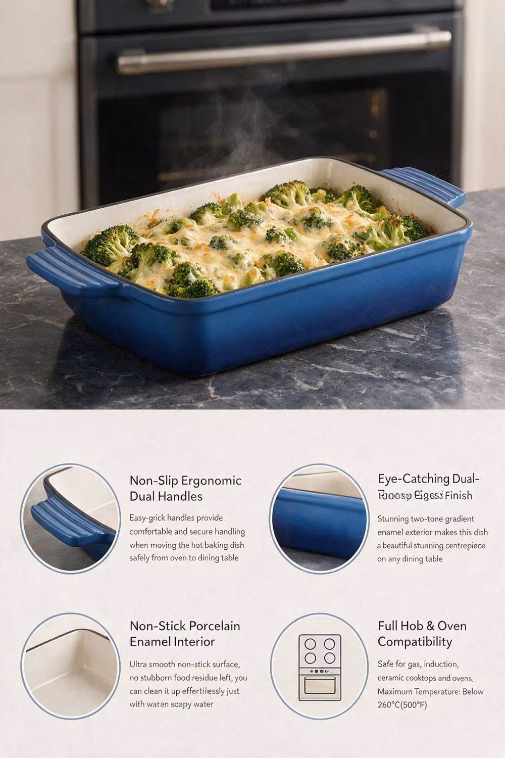 ExtraStar Enamelled Cast Iron Rectangular Casserole Dish with Lid and Dual Handles in Blue – 4