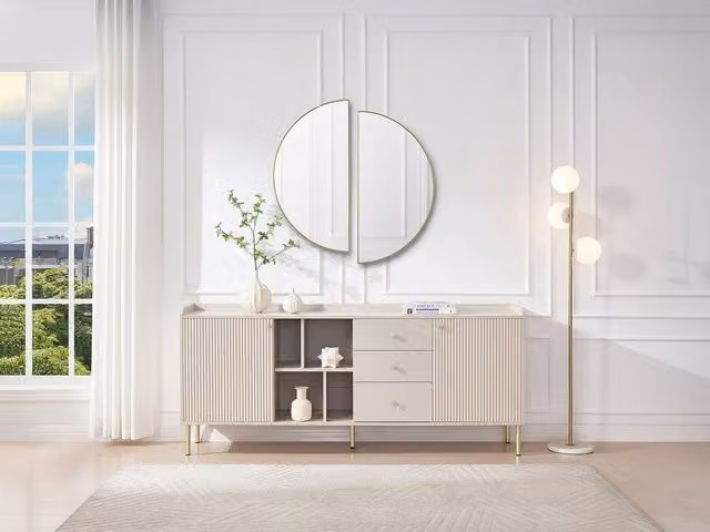 Vente-unique Modern Sideboard with 2 Doors, 3 Soft-Close Drawers and 4 Niches in Beige and Gold – 1
