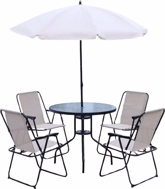 Furnold 6 Piece Bistro Set with Round Glass Table, 4 Chairs and Parasol in Brown and White