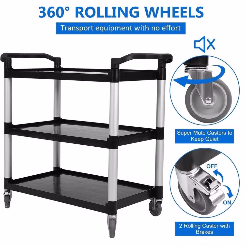 KORVIXA 3-Tier Utility Service Cart Storage Organizer Trolley in Black W/D/H: 100 x 100 x 100 cm – 3