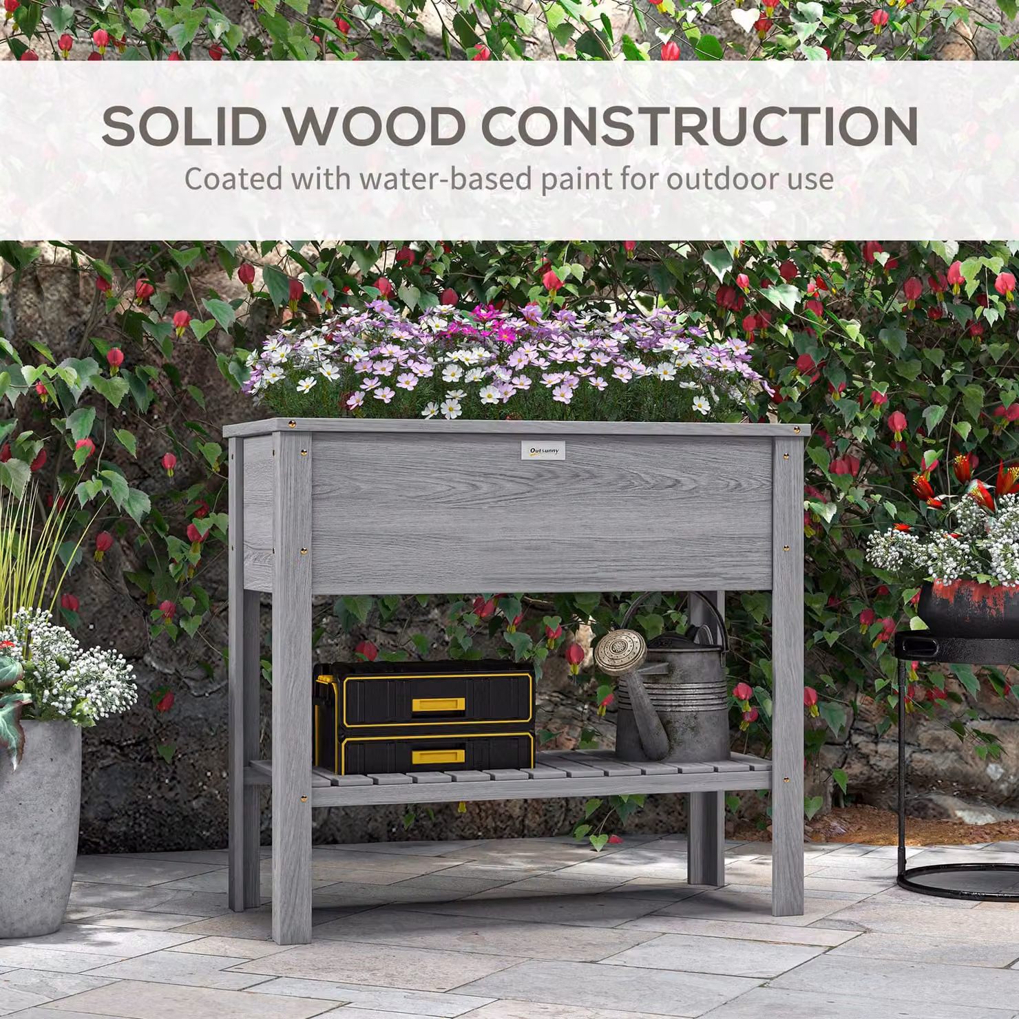 Outsunny Grey Wooden Raised Garden Bed with Storage Shelf and Drainage Holes – 5