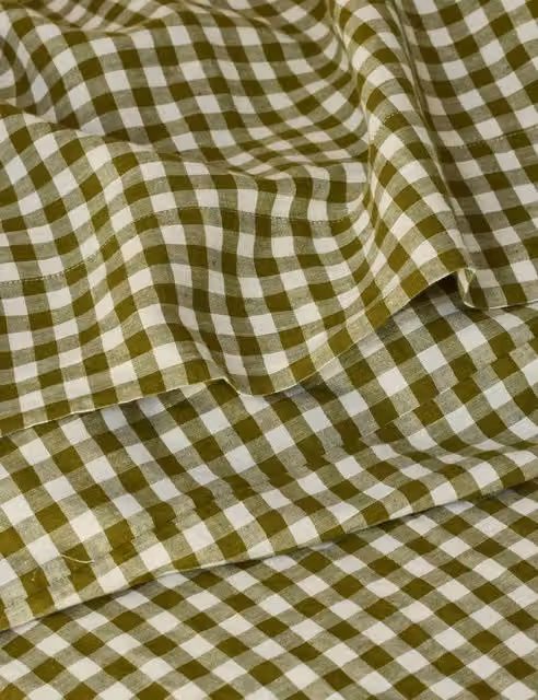 Piglet In Bed Green Mix Gingham Checked Linen Rich Flat Sheet, W: 200 cm x L: 200 cm