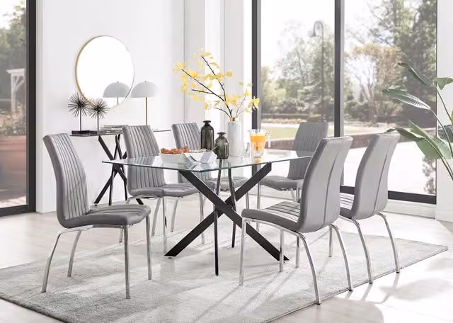FurnitureboxUK Leonardo Black Leg Glass Dining Table with Six Grey Isco Chairs