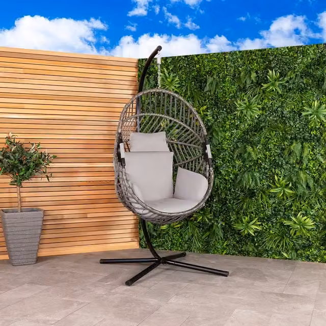 Charles Bentley Egg Shaped Hanging Swing Chair in Grey Rattan and Fabric, H 203 x W 126 x D 126 cm