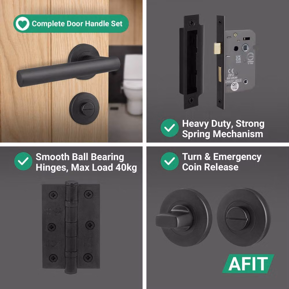 AFIT Matt Black T-Bar Lever Bathroom Door Handles with Lock and Hinge Kit, Stainless Steel – 4