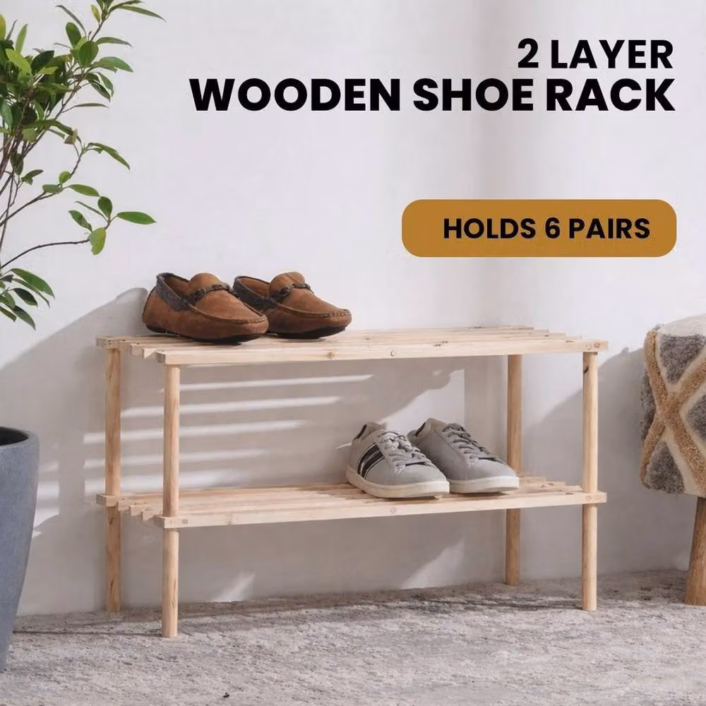 FLAVORA 2-Tier Wooden Shoe Storage Rack in Natural Brown, W: 50 cm – 2