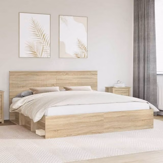Berkfield Home Sonoma Bed Frame with Headboard in Brown Solid Pine and Engineered Wood, W/D/H: 200 x 200 cm