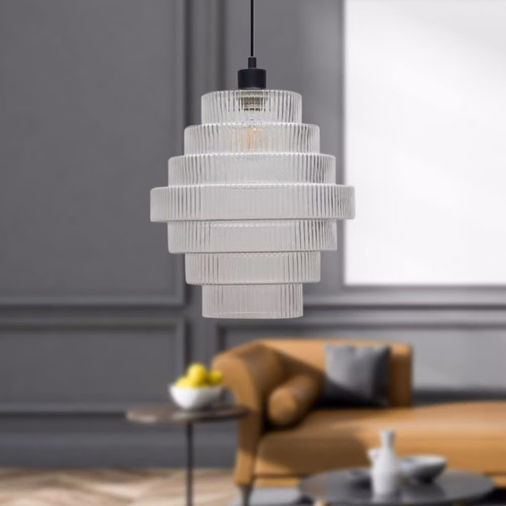 First Choice Lighting Benson Set of 2 Modern 7 Tier Glass and Black Pendant Lights with Transparent Shades – 2