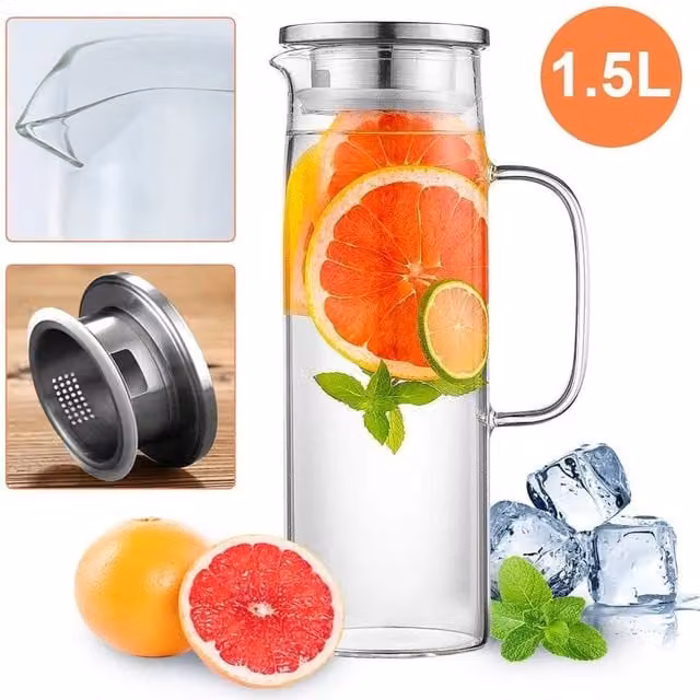 PAWNORA Glass Juice Beverage Bottle Pitcher Carafe with Lid, 1.5 l, Clear – 1