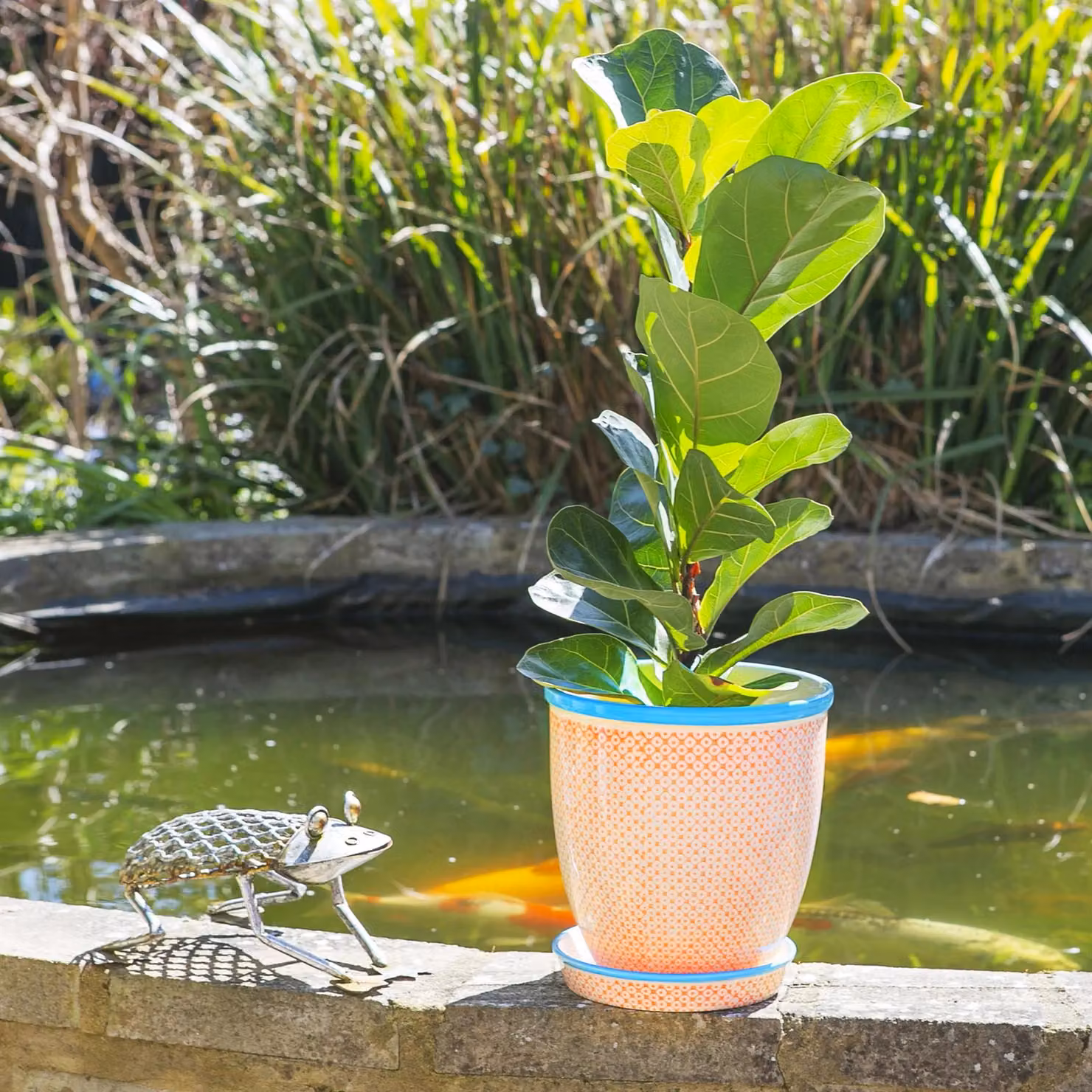 Nicola Spring Hand-Printed Ceramic Plant Pots with Saucers, Orange, Pack of 3, Diameter: 20.5 cm – 2