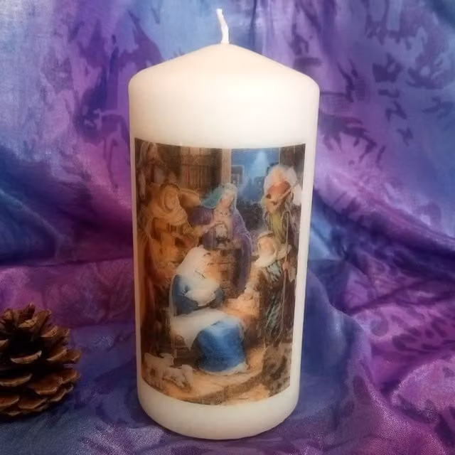 Viki White Nativity Pillar Candle for Christmas Tabletop Decor