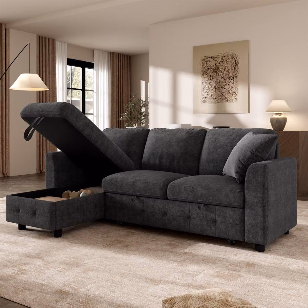 Rolipo Grey Reversible L-Shaped Chenille Fabric Sofa Bed with USB Charging and Storage Chaise – 3
