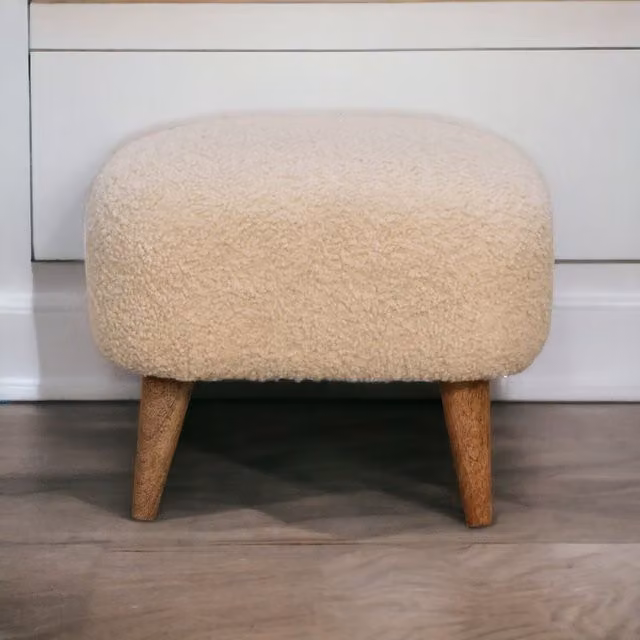 Artisan Furniture Mango Wood Rectangular Footstool in Beige Bouclé Fabric