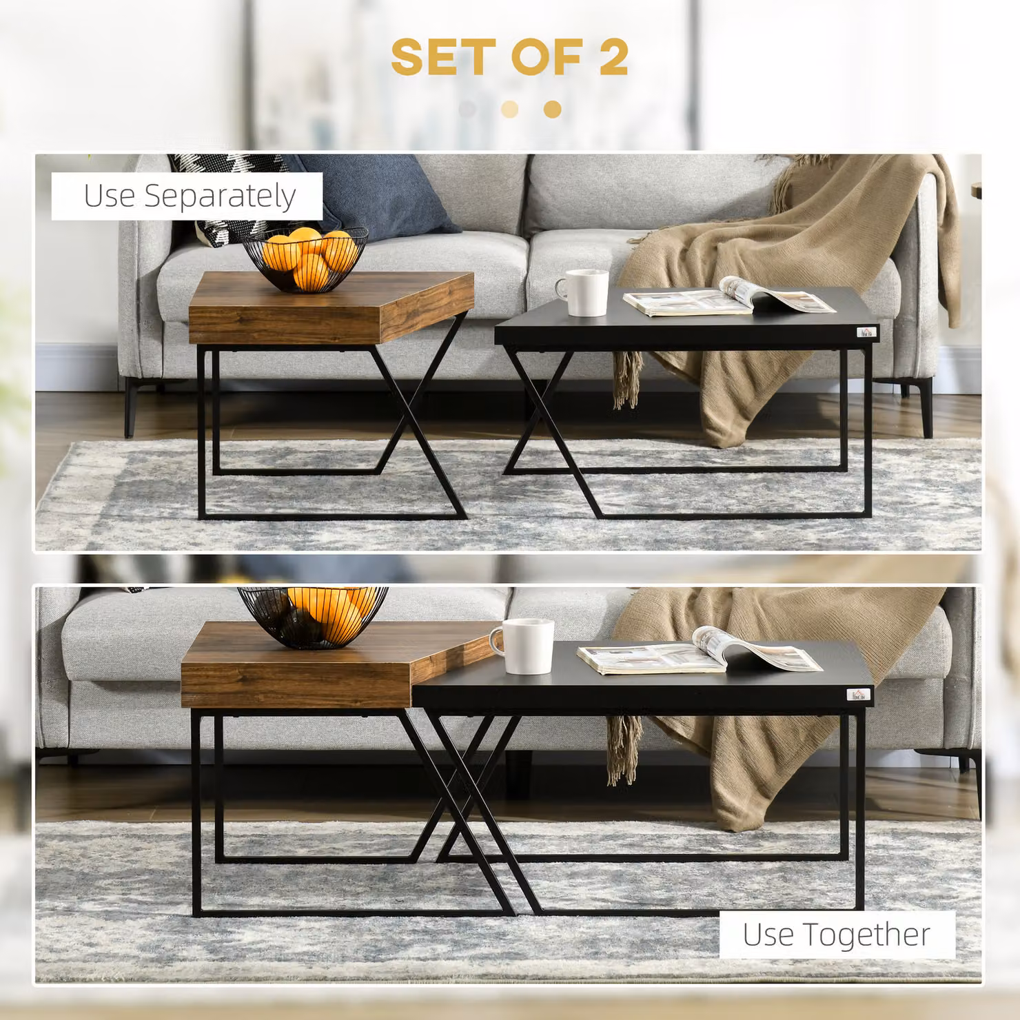 HOMCOM Set of 2 Industrial Geometric Coffee Tables with Black Steel Frame and Wood Tops – 4