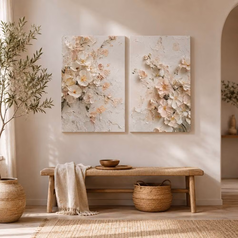 Mafett Ivory Garden Dream 2 Set Canvas Wall Art Prints in Light Pink, Floral Botanical Illustration, W61 x H81.3 cm – 2