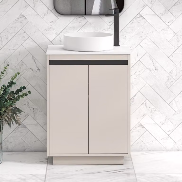 Royal Bathrooms Orion 600mm Warm Taupe Floor Standing 2 Door Vanity Unit with Art Basin and Black Accent Trim