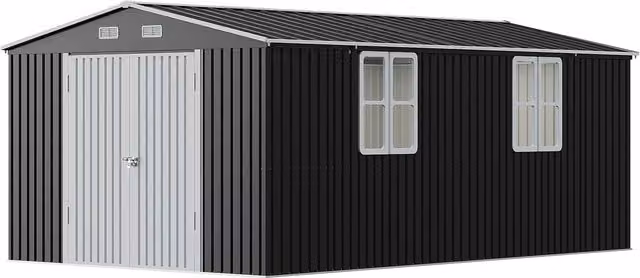 Livingandhome Apex Roof Metal Garden Shed with Windows and Double Doors in Charcoal Black and White