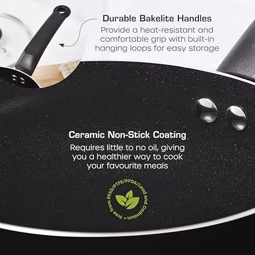 Swan Townhouse 14 Piece Black Aluminium Cookware and Tool Set with Ceramic Coating, including 16cm, 18cm and 20cm Saucepans with Glass Lids and 20cm and 26cm Frying Pans – 4