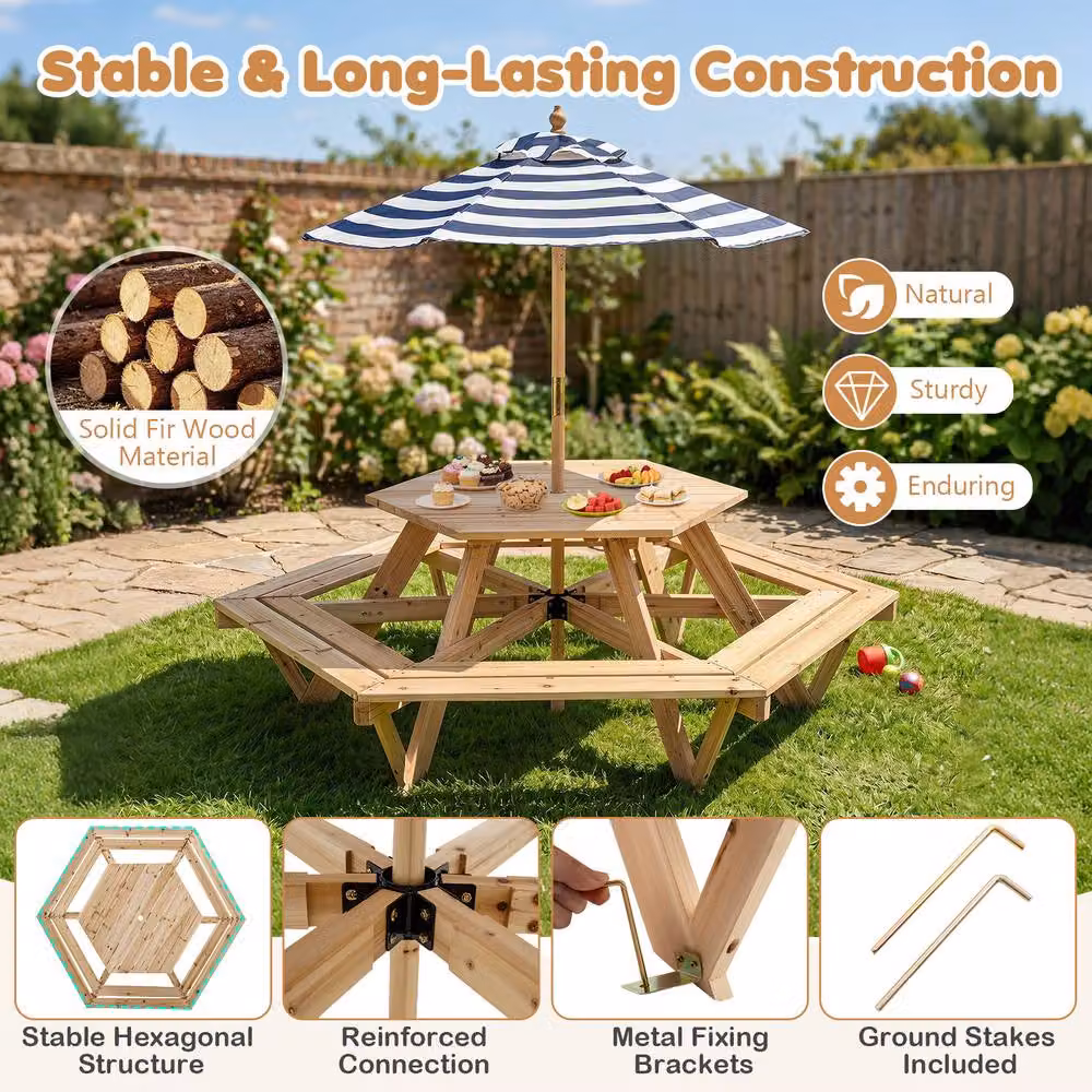 CASART Kids Picnic Table and Bench Set with Removable Adjustable Umbrella in Natural Wood and Multicolour Striped Design – 5