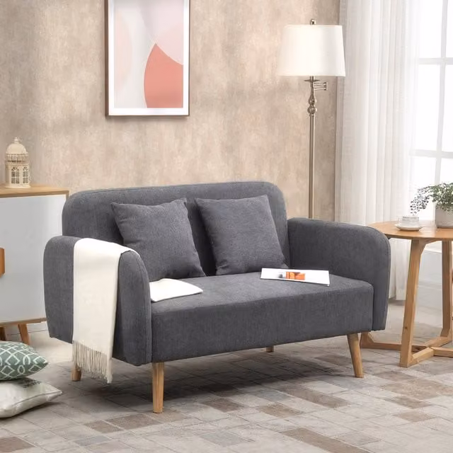 HOMCOM 2-Seat Grey Chenille Upholstered Loveseat Sofa with Wood Legs