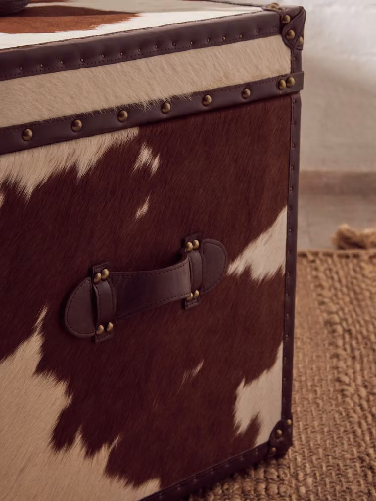Orsina Brown and White Genuine Cowhide Storage Trunk Set with Lids and Stainless Steel Accents
