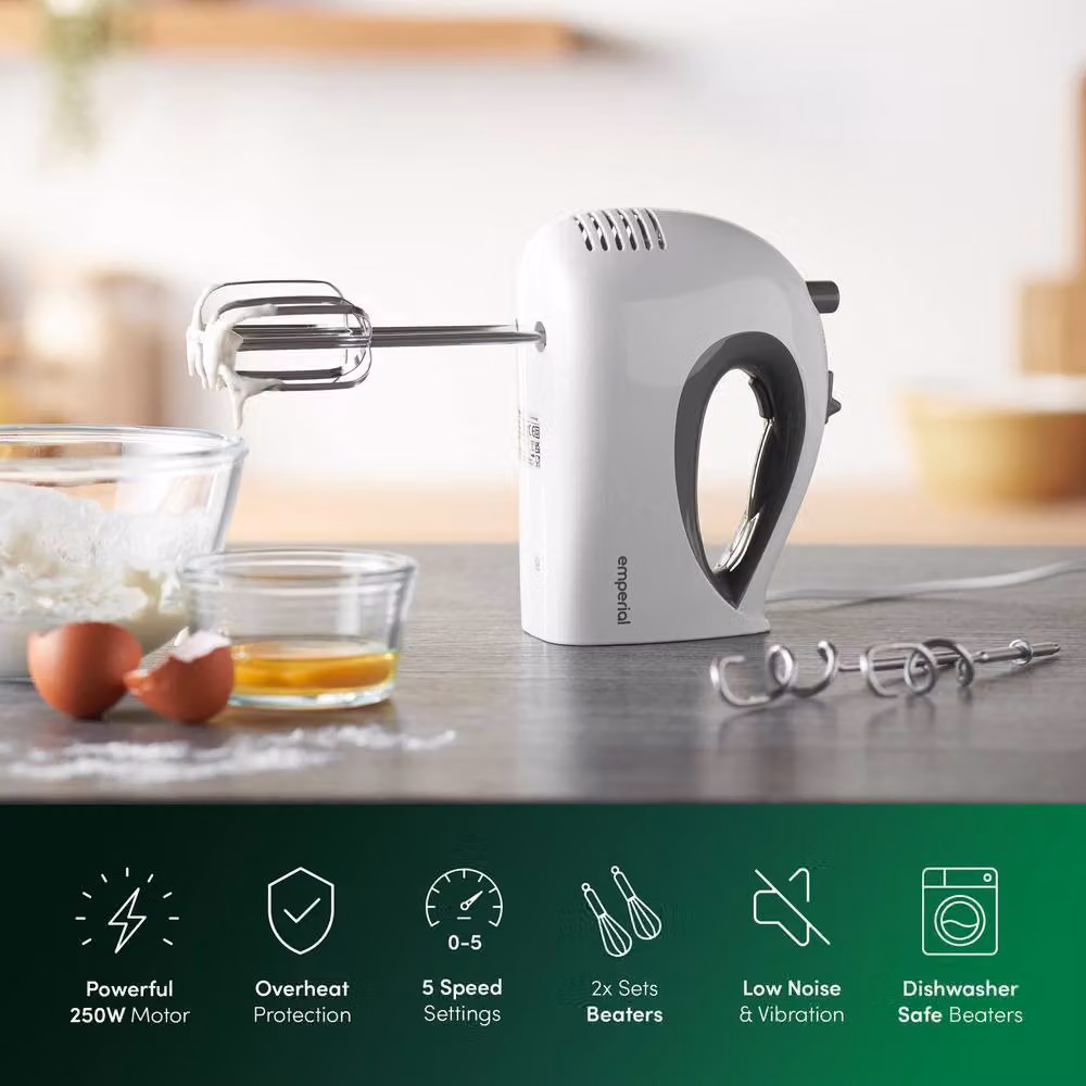 Emperial Electric Hand Mixer and Whisk with 5 Speeds and Attachments, White – 3