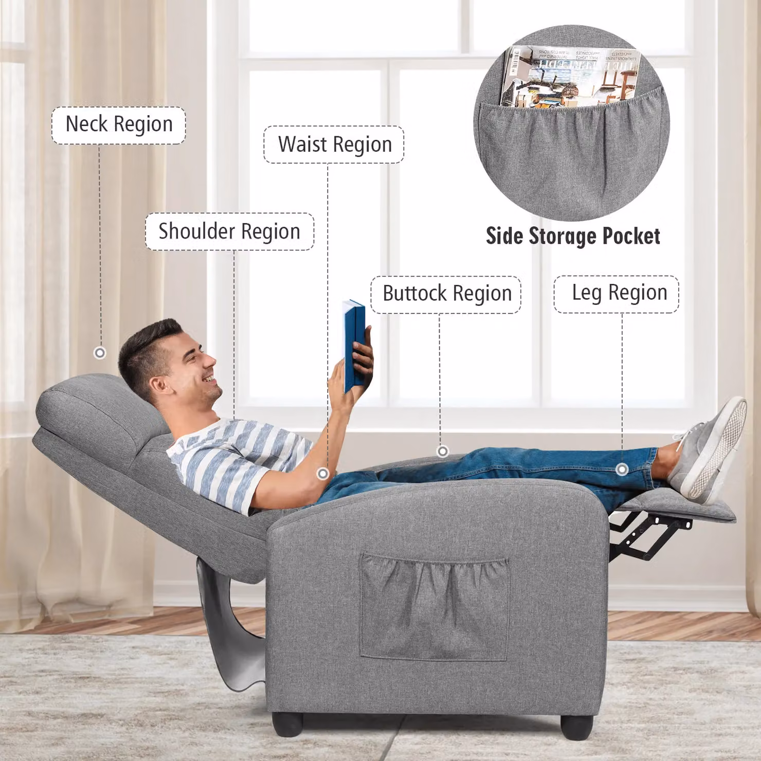 Gymax Single Reclining Sofa Chair in Grey Linen Fabric with Armrests and Metal Frame – 5