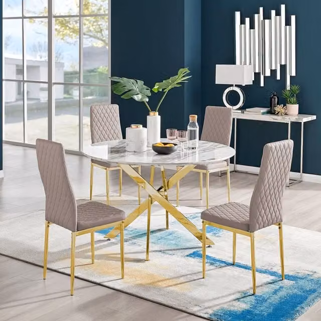 FurnitureboxUK Novara White Marble Effect Dining Table with 4 Milan Gold Leg Chairs in Cappuccino, Diameter: 120 cm