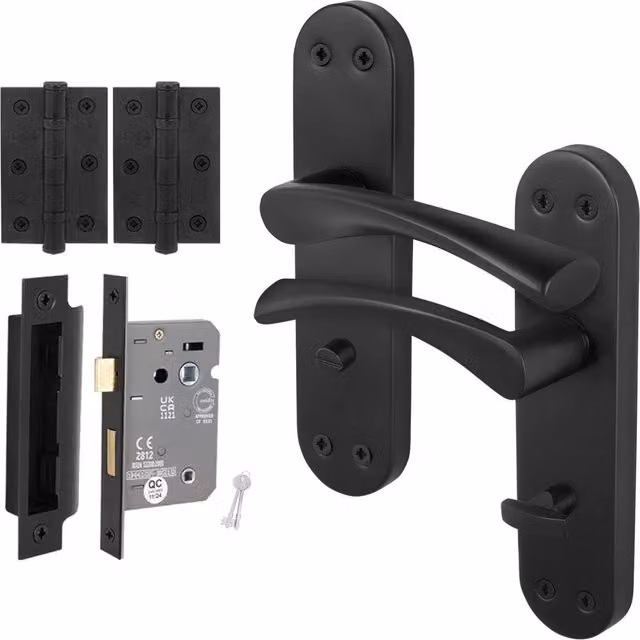AFIT Matt Black Twist Bathroom Handle WC Lock and Hinges Novi, W/D/H: 15.0 x 15.0 x 2.0 cm – 1