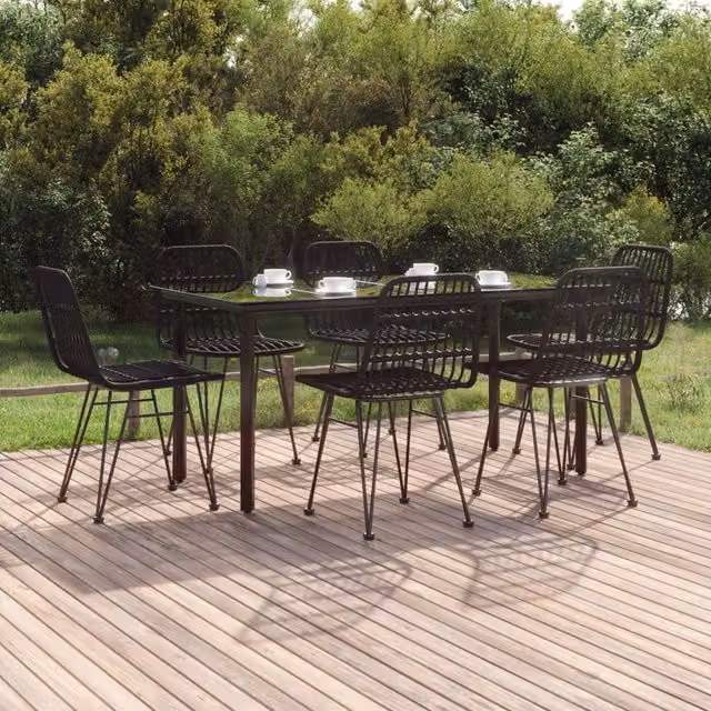 Berkfield Home 7 Piece Black Poly Rattan Garden Dining Set with Glass Tabletop