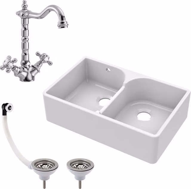 Balterley White Ceramic 2 Bowl Stepped Weir Butler Sink with Overflow and Tap Waste, W: 79.5 cm – 1