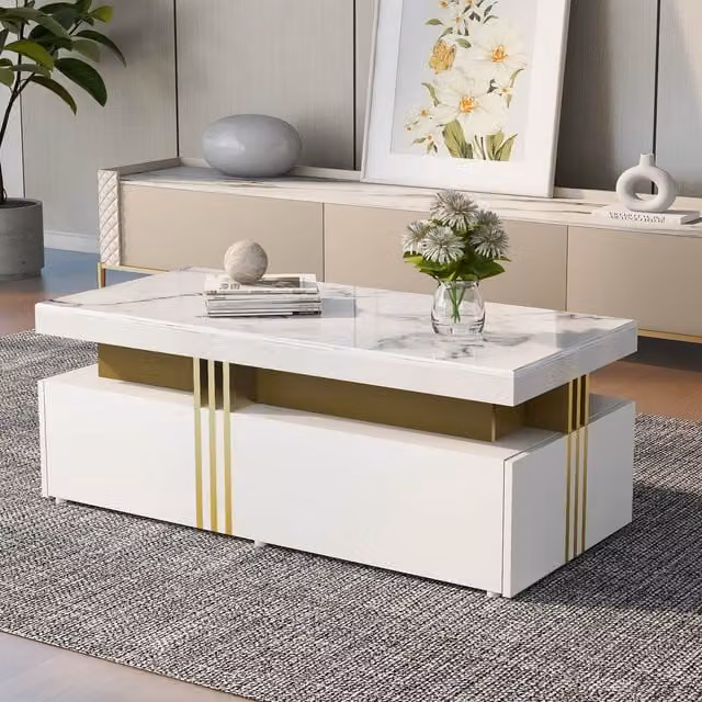 Aosom Modern Rectangular Coffee Table with Marble Veneer Top and 2 Wooden Drawers in White, W: 100 cm, D: 50 cm, H: 40 cm