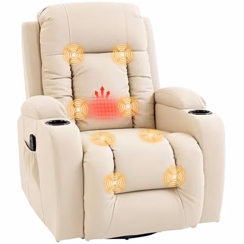 HOMCOM Recliner Armchair with Massage and Heat, Beige Faux Leather – 1
