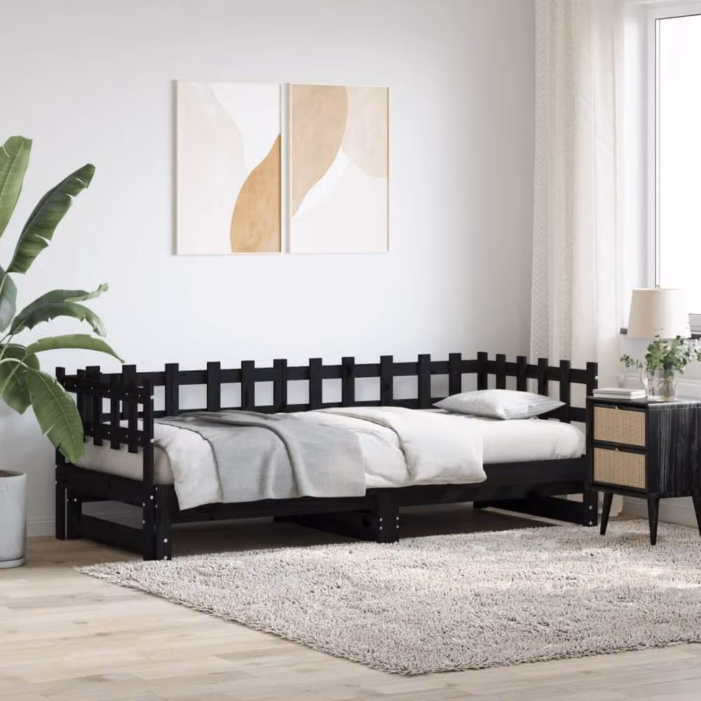 Berkfield Home Black Solid Wood Pine Pull-out Day Bed with Drawers, W/D/H: 160 x 200 x 80 cm – 2