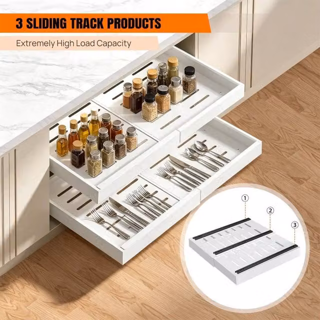EONLION White Pull Out Cabinet Organizer with 2 Expandable Storage Drawers