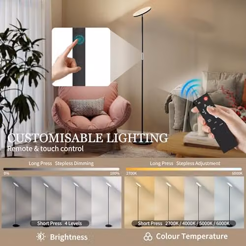 HOMCOM RGB Uplighter Floor Lamp in Black, Dimmable LED Standing Lamp with Remote and Touch Control, Height: 177 cm – 2