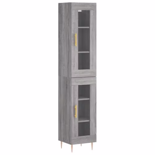 vidaXL Grey Sonoma Highboard with Glass Doors and Internal Shelves, W/D/H: 34.5 x 34.0 x 180.0 cm