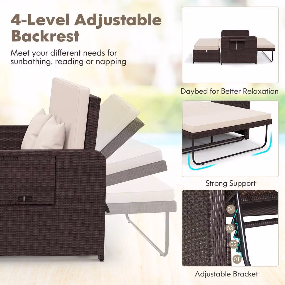 Costway Brown Polyrattan Patio Daybed Set with Loveseat Sofa, Ottoman and Side Tray – 8