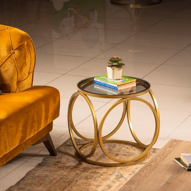 Decorotika Mimo Round Glass and Metal Side End Table in Gold