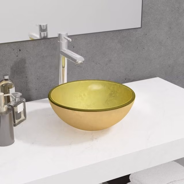 Berkfield Home Round Tempered Glass Countertop Basin in Gold, W: 30 cm, D: 30 cm, H: 12 cm