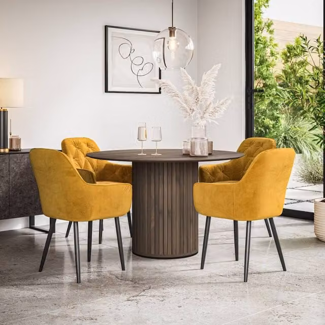 More4Homes Arlo Walnut Round Dining Table and Anika Mustard Velvet Dining Chairs Set of 4, W/D/H: 120 x 120 x 75 cm – 1