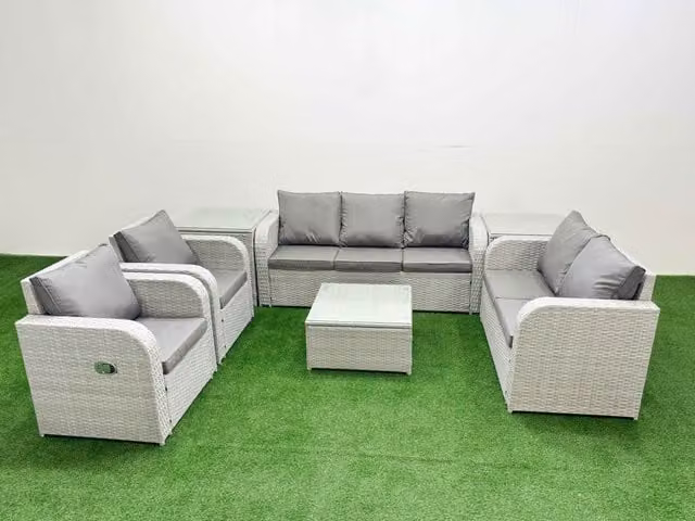 Fimous PE Rattan Garden Furniture Set in Light Grey with 2 Seater Sofa, Coffee Table and 2 Side Tables