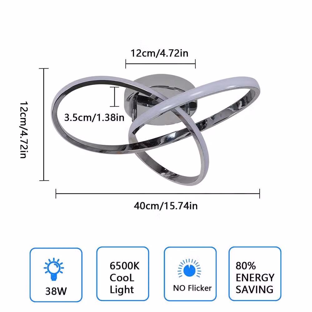 Pheashine Modern Chrome LED Flush Mount Ceiling Light, 38W 6500K Cool White in Silver – 2