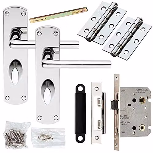 Loops Chrome Slim Straight Arm Door Handle and Bathroom Lock Pack with Long Backplate
