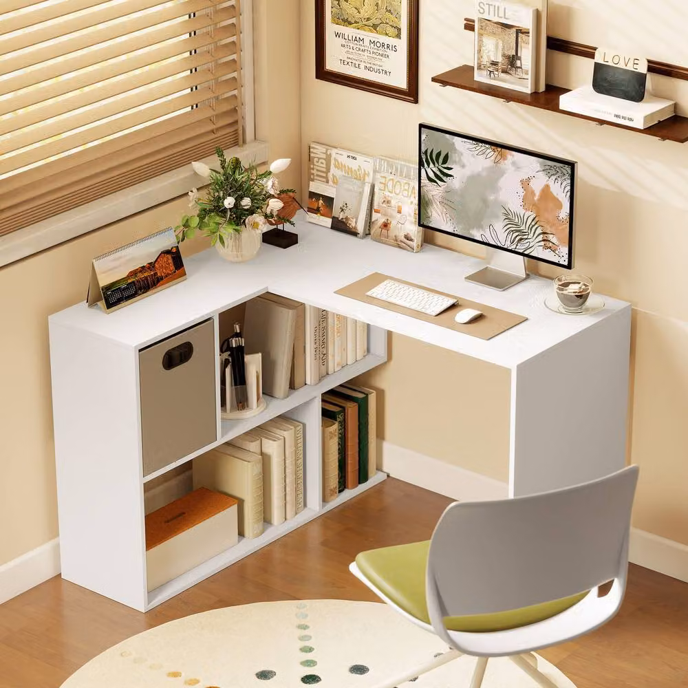 Rolipo White L-Shaped Corner Computer Desk with Drawer and Shelves W: 110 cm, D: 100 cm – 3