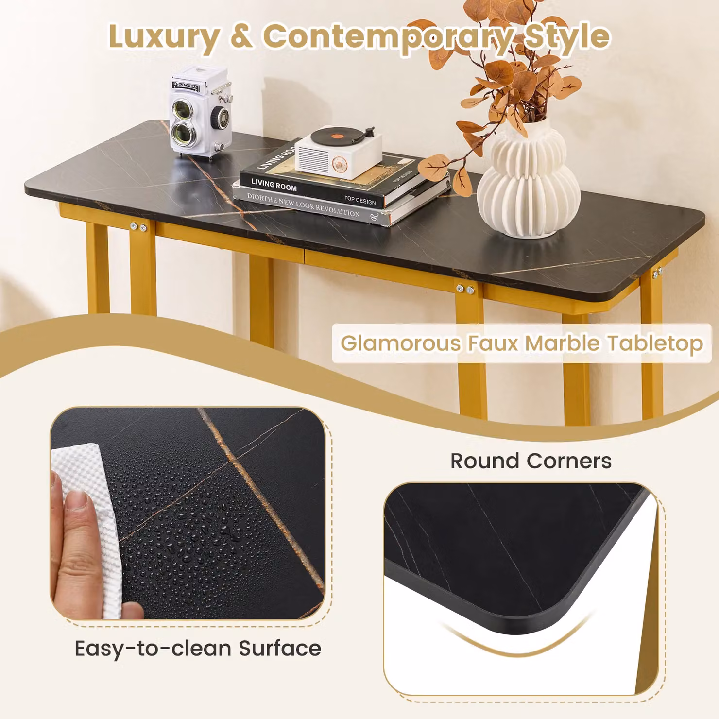 Gymax Modern Faux Marble Console Table with Gold Metal Frame – 2